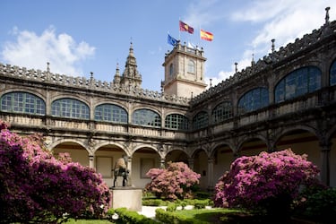 El origen de la universidad compostelana está relacionado con la figura de Lope Gómez de Marzoa, un mercader financiero y notario gallego que junto con el abad de San Martín Pinario crearon una escuela para pobres conocida como Estudio de Gramática en el monasterio de San Pelayo de Antealtares. En 1504, el religioso Diego de Muros accedió a la institución educativa y consiguió que el Papa Julio II concediera una bula para realizar estudios superiores en el antiguo Estudio de Gramática. El desarrollo definitivo de la universidad llegó de la mano de Alonso III de Fonseca, hombre del Renacimiento y mecenas de artistas y sabios del momento. Las primeras enseñanzas estaban relacionadas con la Gramática y las Artes. Por sus aulas pasaron ilustres como Mariano Rajoy Brey, Yolanda Díaz Pérez, César Antonio Molina Sánchez, Susana Rodríguez Gacio, Cándido Conde-Pumpido y Alberto Núñez Feijóo, entre muchos otros.
