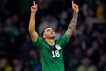 Mexico's Luis Chavez celebrates after scoring a goal during the Concacaf Nations League quarterfinals second leg football match between Honduras and Mexico at the Azteca stadium in Mexico City on November 21, 2023. (Photo by ALFREDO ESTRELLA / AFP)