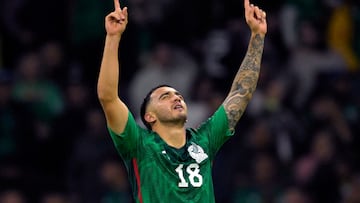 Mexico's Luis Chavez celebrates after scoring a goal during the Concacaf Nations League quarterfinals second leg football match between Honduras and Mexico at the Azteca stadium in Mexico City on November 21, 2023. (Photo by ALFREDO ESTRELLA / AFP)