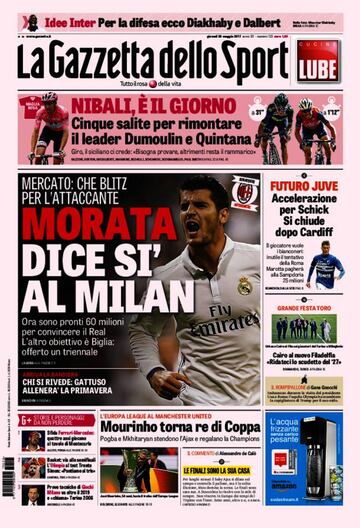 Portada de &#039;La Gazzetta dello Sport&#039; del jueves, 25 de mayo de 2017.