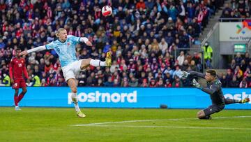 Norway&#039;s Erling Braut Haaland scores the opening goal during the friendly International football match Norway v Armenia at the Ullevaal Stadium in Oslo, Norway. (Photo by HxE5kon Mosvold Larsen / NTB / AFP) / Norway OUT