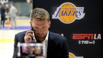 Aug 2, 2025; El Segundo, CA, USA; Los Angeles Lakers Luka Doncic (77) is interviewed by ESPN LA radio following a press conference announcing the signing of a 3-year, $165 million contract extension at UCLA Health Training Center. Mandatory Credit: Jayne Kamin-Oncea-Imagn Images