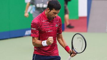 SHANGHAI, CHINA - OCTOBER 10: Novak Djokovic of Serbia reacts in the Men&#039;s Singles third round match against John Isner of the United States on day six of 2019 Rolex Shanghai Masters at Qi Zhong Tennis Centre on October 10, 2019 in Shanghai, China. (Photo by VCG/VCG via Getty Images)