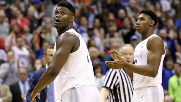 WASHINGTON, DC - MARCH 31: Zion Williamson #1 of the Duke Blue Devils reacts against the Michigan State Spartans during the second half in the East Regional game of the 2019 NCAA Men&#039;s Basketball Tournament at Capital One Arena on March 31, 2019 in Washington, DC.   Patrick Smith/Getty Images/AFP
 == FOR NEWSPAPERS, INTERNET, TELCOS &amp; TELEVISION USE ONLY ==