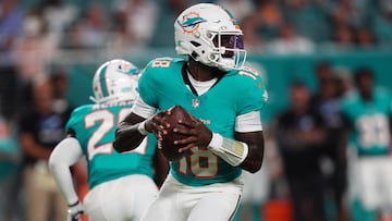 Sep 30, 2024; Miami Gardens, Florida, USA; Miami Dolphins quarterback Tyler Huntley (18) drops back before attempting a pass against the Tennessee Titans during the first half at Hard Rock Stadium. Mandatory Credit: Jasen Vinlove-Imagn Images