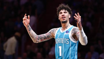 The Charlotte Hornets point guard was caught making an obscene gesture during a 144-117 loss to the Miami Heat.