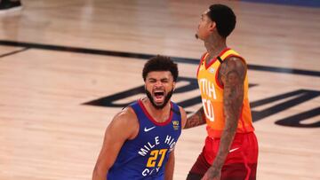 Aug 30, 2020; Lake Buena Vista, Florida, USA; Denver Nuggets guard Jamal Murray (27) celebrates after making a three point basket against the Utah Jazz during the fourth quarter in game six of the first round of the 2020 NBA Playoffs at AdventHealth Arena. Mandatory Credit: Kim Klement-USA TODAY Sports