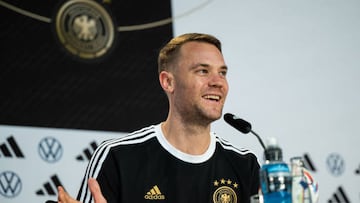 AL RUWAIS, QATAR - NOVEMBER 19: Manuel Neuer talks during the Germany press conference at DFB Media Centre on November 19, 2022 in Al Ruwais, Qatar. (Photo by Marvin Ibo Guengoer - GES Sportfoto/Getty Images)