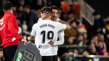 Edison Cavani and Hugo Duro of Valencia CF are playing in the Spanish La Liga match between Valencia CF and Athletic Club de Bilbao at Mestalla Stadium in Valencia, Spain, on February 11, 2023. (Photo by Jose Miguel Fernandez/NurPhoto via Getty Images)