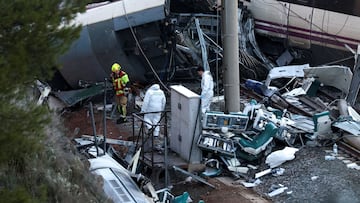 A firefighter and members of the Spanish Civil Guard work next to one of the trains involved in the accident, at the site of a deadly derailment of two high-speed trains near Adamuz, in Cordoba, Spain, January 19, 2026. REUTERS/Susana Vera