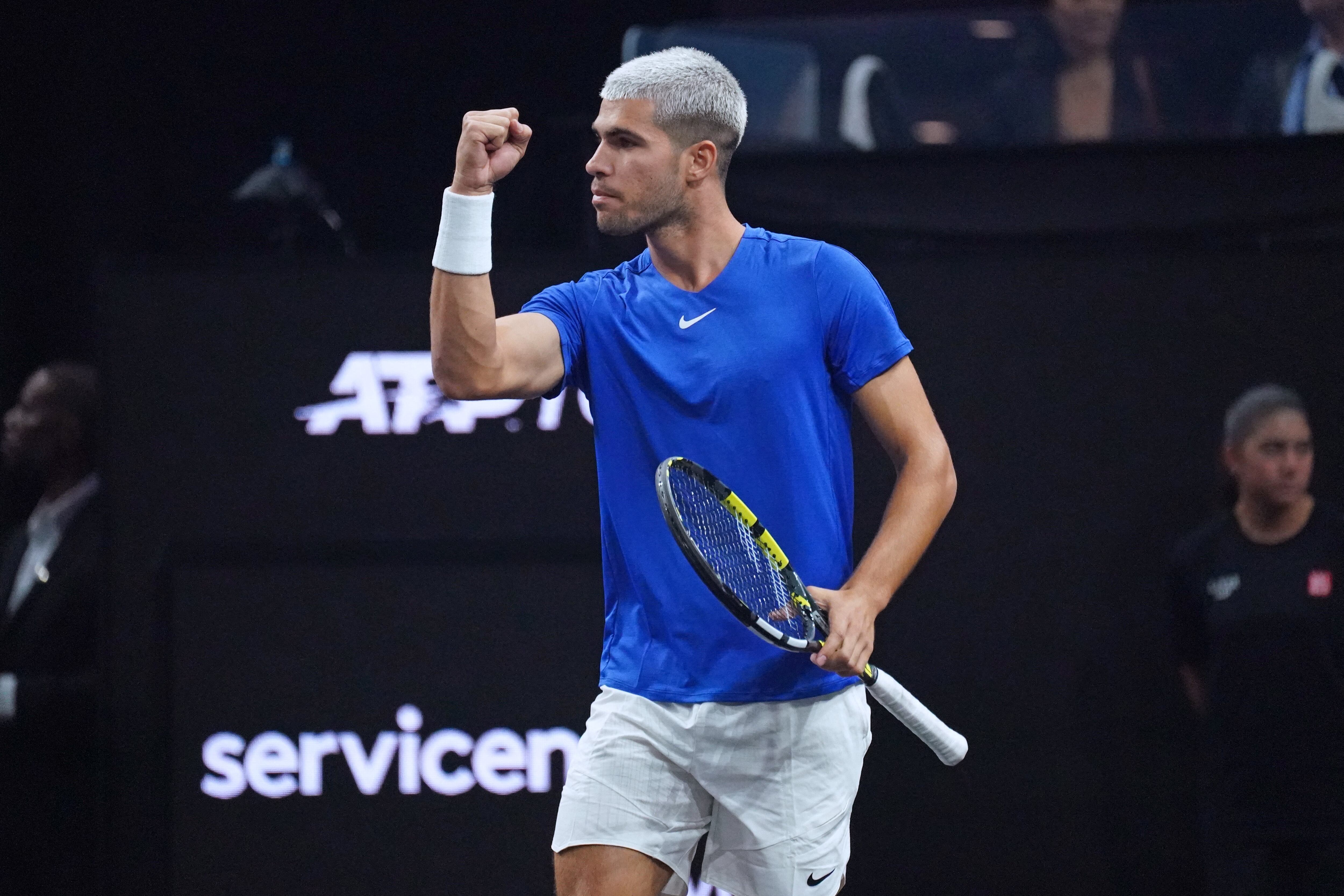 Sep 21, 2025; San Francisco, CA, USA;  Team Europe player Carlos Alcaraz celebrates during his doubles match with Casper Ruud during the Laver Cup at Chase Center. Mandatory Credit: David Gonzales-Imagn Images