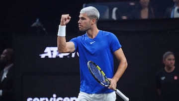Sep 21, 2025; San Francisco, CA, USA; Team Europe player Carlos Alcaraz celebrates during his doubles match with Casper Ruud during the Laver Cup at Chase Center. Mandatory Credit: David Gonzales-Imagn Images