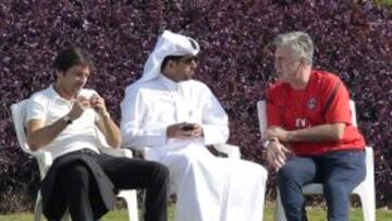 PODER &Aacute;RABE. Leonardo, director deportivo, el due&ntilde;o del club, Nasser Al-Khelaifi, y el t&eacute;cnico Ancelotti.