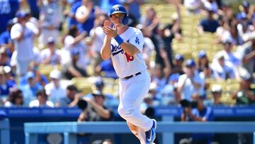 May 17, 2023; Los Angeles, California, USA; Los Angeles Dodgers catcher Will Smith (16) reaches home to score on bases loaded walk against the Minnesota Twins during the seventh inning at Dodger Stadium. Mandatory Credit: Gary A. Vasquez-USA TODAY Sports