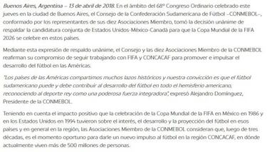 Los 10 países de CONMEBOL votarán por el Mundial en Norteamérica