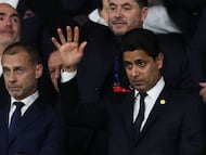 Al Khelaifi junto a Ceferin durante el partido de Champions contra el Liverpool.