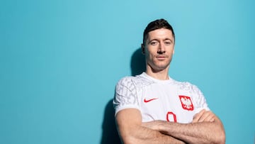 DOHA, QATAR - NOVEMBER 18: Robert Lewandowski of Poland poses during the official FIFA World Cup Qatar 2022 portrait session on November 18, 2022 in Doha, Qatar. (Photo by Dan Mullan - FIFA/FIFA via Getty Images)