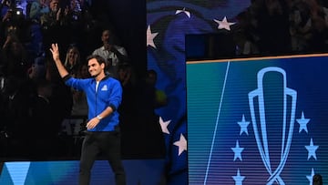 Switzerland's Roger Federer of Team Europe is introduced ahead of play on Day 2 of the 2022 Laver Cup at the O2 Arena in London on September 24, 2022. - RESTRICTED TO EDITORIAL USE (Photo by Glyn KIRK / AFP) / RESTRICTED TO EDITORIAL USE (Photo by GLYN KIRK/AFP via Getty Images)