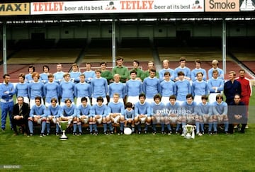 Manchester City team group 1970/71 season with the League and European Cup Winners Cup Trophies