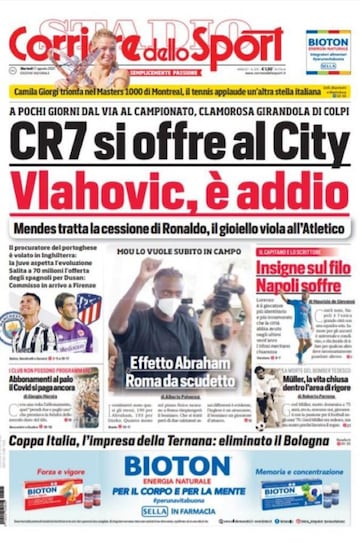 Portada del Corriere dello Sport anunciando el acuerdo por Vlahovic.
