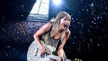 CARDIFF, WALES - JUNE 18: (EDITORIAL USE ONLY. NO STANDALONE PUBLICATION USE (NO SPECIAL INTEREST OR SINGLE ARTIST PUBLICATION USE; NO BOOK USE)) Taylor Swift performs on stage during "Taylor Swift | The Eras Tour" at Principality Stadium on June 18, 2024 in Cardiff, Wales. (Photo by Shirlaine Forrest/TAS24/Getty Images for TAS Rights Management )