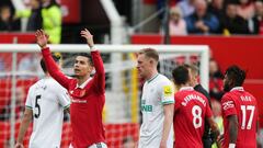 Manchester United's Portuguese striker Cristiano Ronaldo (L) reacts during the English Premier League football match between Manchester United and Newcastle at Old Trafford in Manchester, north west England, on October 16, 2022. (Photo by Ian Hodgson / AFP) / RESTRICTED TO EDITORIAL USE. No use with unauthorized audio, video, data, fixture lists, club/league logos or 'live' services. Online in-match use limited to 120 images. An additional 40 images may be used in extra time. No video emulation. Social media in-match use limited to 120 images. An additional 40 images may be used in extra time. No use in betting publications, games or single club/league/player publications. / 