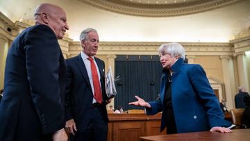 Committee ranking member Rep. Kevin Brady (R-TX), committee chair Rep. Richard Neal (D-MA) speak with Treasury Secretary Janet Yellen before the start of a House Ways and Means Committee hearing about the fiscal year 2023 budget.