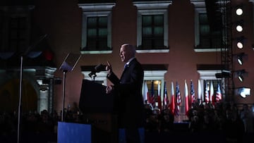 US President Joe Biden delivers a speech at the Royal Castle in Warsaw, Poland on March 26, 2022. (Photo by Brendan SMIALOWSKI / AFP)