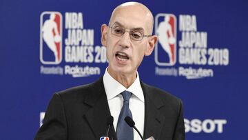 NBA Commissioner Adam Silver speaks during a news conference before the NBA preseason basketball game between Houston Rockets and Toronto Raptors at Saitama Super Arena in Saitama, Japan October 8, 2019,  in this photo taken by Kyodo.  Mandatory credit Kyodo/via REUTERS ATTENTION EDITORS - THIS IMAGE WAS PROVIDED BY A THIRD PARTY. MANDATORY CREDIT. JAPAN OUT.