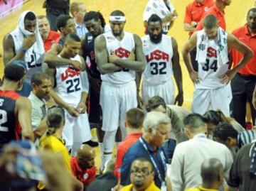 La reacción de los jugadores de la selección de Estados Unidos (Lillard, Faried, Cousins, Harden y Parsons) tras la lesión de Paul George.