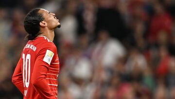 Bayern Munich's German midfielder Leroy Sane reacts during the German first division Bundesliga football match between FC Bayern Munich and SC Freiburg in Munich, southern Germany on October 16, 2022. (Photo by CHRISTOF STACHE / AFP) / DFL REGULATIONS PROHIBIT ANY USE OF PHOTOGRAPHS AS IMAGE SEQUENCES AND/OR QUASI-VIDEO