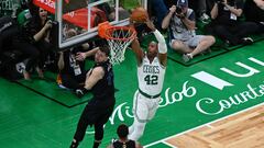 Jun 6, 2024; Boston, Massachusetts, USA; Boston Celtics center Al Horford (42) dunks the ball against the Dallas Mavericks during the first quarter of game one of the 2024 NBA Finals at TD Garden. Mandatory Credit: Peter Casey-USA TODAY Sports