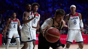 Juancho Hernangomez controls the ball during the international friendly basketball match between Spain and US at Martin Carpena sportshall in Malaga on August 13, 2023.