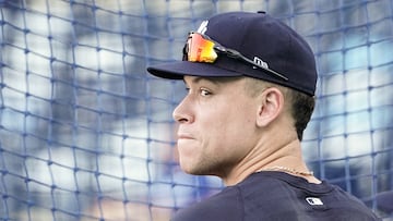 Sep 29, 2023; Kansas City, Missouri, USA; New York Yankees designated hitter Aaron Judge (99) takes batting practice against the Kansas City Royals prior to the game at Kauffman Stadium. Mandatory Credit: Denny Medley-USA TODAY Sports