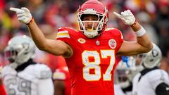 Dec 25, 2023; Kansas City, Missouri, USA; Kansas City Chiefs tight end Travis Kelce (87) celebrates during the first half against the Las Vegas Raiders at GEHA Field at Arrowhead Stadium. Mandatory Credit: Jay Biggerstaff-USA TODAY Sports