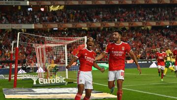 LISBON, PORTUGAL - AUGUST 30: Joao Mario of SL Benfica scores and celebrates with teammate Goncalo Ramos of SL Benfica during the Liga Portugal Bwin match between SL Benfica and Pacos de Ferreira at Estadio da Luz on August 30, 2022 in Lisbon, Portugal. (Photo by Zed Jameson/MB Media/Getty Images)