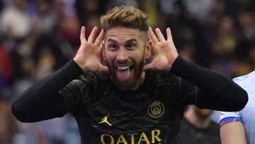 Paris Saint-Germain's Spanish defender Sergio Ramos celebrates scoring his team's third gal during the Riyadh Season Cup football match between the Riyadh All-Stars and Paris Saint-Germain at the King Fahd Stadium in Riyadh on January 19, 2023. (Photo by Giuseppe CACACE / AFP)