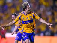 Francisco Sebastian Cordova celebrates his goal 1-1 of Tigres during the 15th round match between Tigres UANL and Monterrey as part of the Liga BBVA MX, Torneo Clausura 2025 at Universitario Stadium, on April 12, 2025 in Monterrey, Nuevo Leon, Mexico.