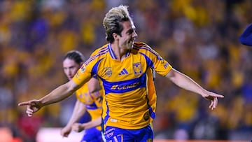 Francisco Sebastian Cordova celebrates his goal 1-1 of Tigres during the 15th round match between Tigres UANL and Monterrey as part of the Liga BBVA MX, Torneo Clausura 2025 at Universitario Stadium, on April 12, 2025 in Monterrey, Nuevo Leon, Mexico.