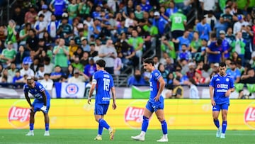 Jose Rivero, Lorenzo Faravelli and Erik Lira of cruz Azul during the match between Cruz Azul and Seattle Sounders as part of Phase One of the Leagues Cup 2025 at Lumen Field Stadium on July 31, 2024 in Seattle, Washington, United States.