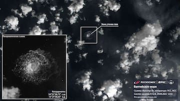 A satellite image shows gas from the Nord Stream pipeline bubbling up in the water following incidents in the Baltic Sea, in this handout picture released September 29, 2022. Roscosmos/Handout via REUTERS ATTENTION EDITORS - THIS IMAGE HAS BEEN SUPPLIED BY A THIRD PARTY. MANDATORY CREDIT. WATERMARKS AND INFOGRAPHICS FROM SOURCE.