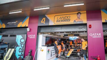 JEDDAH, SAUDI ARABIA - MARCH 18: The McLaren team prepares the car for driver Lando Norris, who will test drive the track ahead of the Formula 1 Saudi Arabia Grand Prix in Jeddah, Saudi Arabia on March 18, 2023. Saudi Arabia will host the second race of the season in the Formula 1 World Championship. (Photo by Ayman Yaqoob/Anadolu Agency via Getty Images)