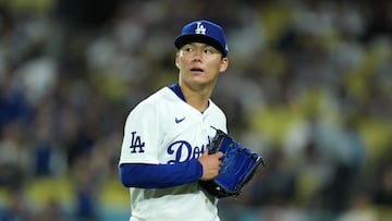 May 7, 2024; Los Angeles, California, USA; Los Angeles Dodgers pitcher Yoshinobu Yamamoto (18) reacts at the end of the eighth inning against the Miami Marlins at Dodger Stadium. Mandatory Credit: Kirby Lee-USA TODAY Sports