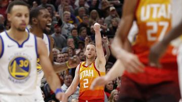 Dec 19, 2018; Salt Lake City, UT, USA; Utah Jazz forward Joe Ingles (2) watch his three-pointer in the third quarter against the Golden State Warriors at Vivint Smart Home Arena. Mandatory Credit: Jeff Swinger-USA TODAY Sports