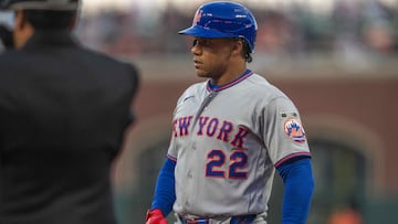 Apr 3, 2026; San Francisco, California, USA; New York Mets left fielder Juan Soto (22) reacts on a call strike against the San Francisco Giants during the first inning at Oracle Park. Mandatory Credit: Neville E. Guard-Imagn Images