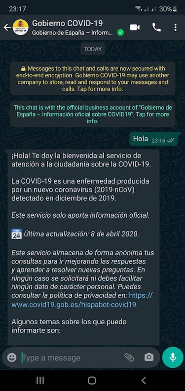 Cómo acceder al chat de WhatsApp del Gobierno sobre el Coronavirus