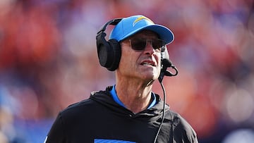 Oct 13, 2024; Denver, Colorado, USA; Los Angeles Chargers head coach Jim Harbaugh during the second half against the Denver Broncos at Empower Field at Mile High. Mandatory Credit: Ron Chenoy-Imagn Images