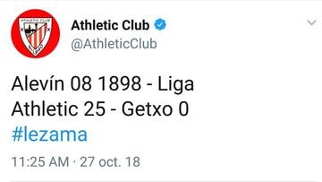 Tweet en el cual el Athletic Club informa de la goleada al Getxo.