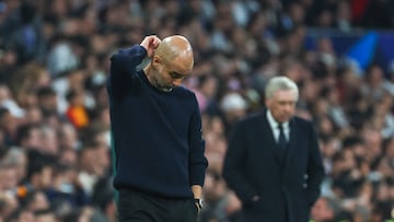 MADRID, 19/02/2025.- El entrenador del Manchester City, el español Pep Guardiola, durante el partido de vuelta de la eliminatoria previa a los octavos de final de la Liga de Campeones que Real Madrid y Manchester City disputan hoy miércoles en el estadio Santiago Bernabéu. EFE/Kiko Huesca
