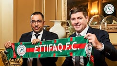 Soccer Football - Steven Gerrard unveiled as the new coach of Al Ettifaq - London, Britain - July 3, 2023 New Al Ettifaq coach Steven Gerrard poses for a photograph with club president Khaled Al Dabal Ettifaq Media Office/Handout via REUTERS  ATTENTION EDITORS - THIS IMAGE HAS BEEN SUPPLIED BY A THIRD PARTY. NO ARCHIVES. NO RESALES.
